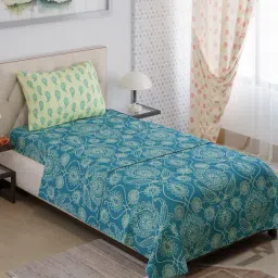 Layers Ivy Ethnic Printed Blue Single Bed Sheet with 1 Pillow Cover-image-92