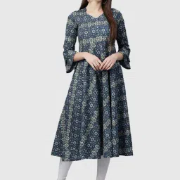 YASH GALLERY Blue Cotton Printed Flared Kurta-image-45
