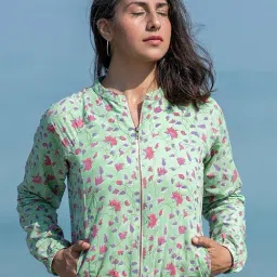 Okhai Lagom Pista Green Pure Cotton Hand Embroidered Bomber Jacket-picture-35