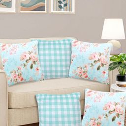Myntra Elegant Homes Blue & Pink 5 Pieces Floral Velvet Square Cushion Covers-48