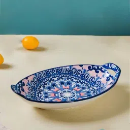 Nestasia Blue Mandala Ceramic Long Dish With Handles For Serving Snacks | Microwave Safe (10.8 Inch)-47
