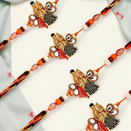ADIVA Set Of 4 Krishna Kundan-Studded & Beaded Rakhis With Pooja Thali & Roli Chawal-image-1