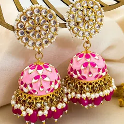 Zeviel Gold-Plated Kundan Studded & Artificial Beaded Dome Shaped Jhumkas-picture-6