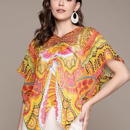 Label Ritu Kumar Yellow Floral Print Georgette Kaftan Top with Inner image 1