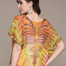 Label Ritu Kumar Yellow Floral Print Georgette Kaftan Top with Inner image 4