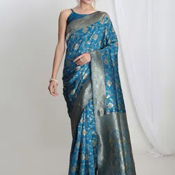 Janasya Ethnic Motifs Zari Woven Design Banarasi Saree with Blouse Piece-29