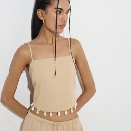 Nuon by Westside Beige Shell-Detailed Textured Cotton Top-image-5