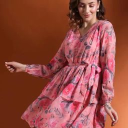 Globus Peach Printed Fit & Flare Dress-image-20