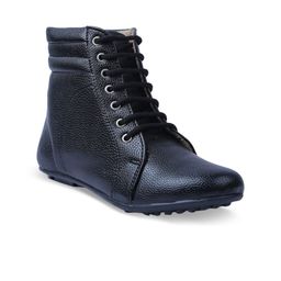 VALIOSAA Women Black Solid Synthetic Mid-Top Flat Boots-34