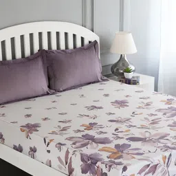 GM White & Purple Floral Flat 180 TC Cotton Super King Bedsheet with 2 Pillow Covers-image-37
