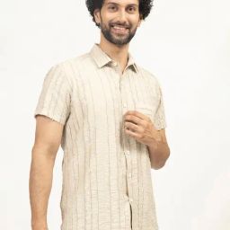 Lela Beige Viscose Lycra Regular Fit Textured Shirt-image-49