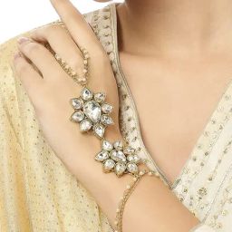 OOMPH Combo of 2 Gold Tone Hathphool Bracelet with Ring Pearls & Kundan image 3