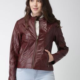 Harvard Women Burgundy Solid Biker Jacket-image-53