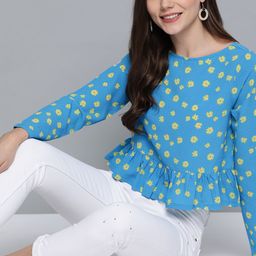 Mast & harbour Blue & Yellow Floral Printed Peplum Top-image-20