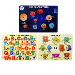 Enjunior Box Alphabets Solar System & Shapes Wooden Puzzle With Knobs Multicolor - 46 Pieces-15