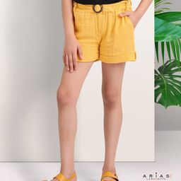 Arias 100% Cotton Double Gauze Shorts with Fabric Belt and Elasticated Waist - Yellow-image-3
