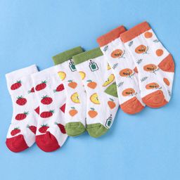 Cute Walk by Babyhug Non Terry Cotton Knit Ankle Length Anti Bacterial Socks Fruits Design Pack of 3 - Red Green & Orange-image-78