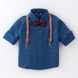 Robo Fry Cotton Full Sleeves Pintucks Party Shirt with Bow & Suspender - Blue-image-99