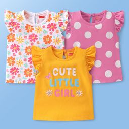 Babyhug Cotton Knit Frill Sleeves T-Shirts with Floral & Text  Print  Pack of 3- Multicolour-picture-27