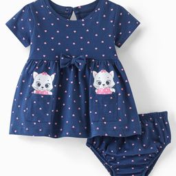 Babyhug Cotton Jersey Knit Half Sleeves Frock With Bloomer Kitty & Heart Print - Navy Blue-picture-10