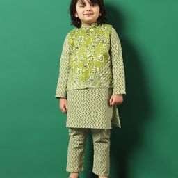 READIPRINT Full Sleeves Chevron Designed  Cotton Kurta Pyjama With  Floral Printed Jacket - Green-picture-10