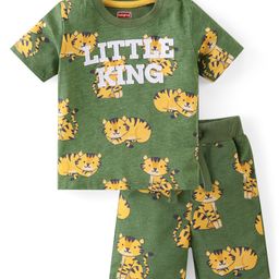 Babyhug Cotton Knit Half Sleeves T-Shirt & Shorts Co-Ord Set With Little King Cub Print - Green-image-41