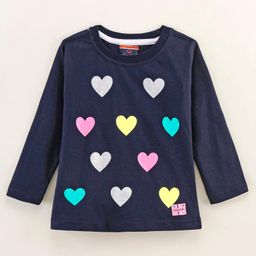 Olio Kids Cotton Knit Full Sleeves Winter Wear T-Shirt With Hearts Print - Navy-picture-23