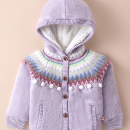 Yellow Apple Knit Full Sleeves Hooded Sweater Intarsia Design - Lilac-image-48