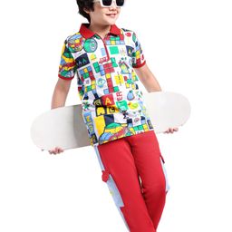 Ollington St. 100% Cotton Knit Half Sleeves Collared T-Shirt & Joggers Set Games Printed - Red & White-picture-24