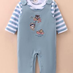 ToffyHouseKnit Full Sleeves AnimalEmbroidered Dungaree with Striped T-Shirt- Light Blue-image-61