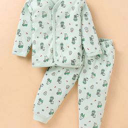 Little Darlings Interlock Full Sleeves Front Open Night Suit With Animals Print - Light Green-picture-16