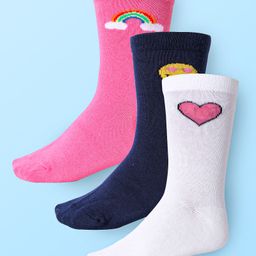 Cute Walk by Babyhug Cotton Lycra Knit Anti-bacterial Socks Heart Smile Emoji & Rainbow Design Pack of 3 - Pink White & Black-image-45