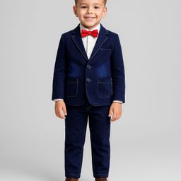 Babyhug Woven Full Sleeves Solid Colour 3 Piece Party Suit With Bow - Navy Blue & White-image-63