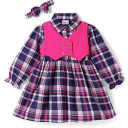 Babyhug Cotton Woven Full Sleeves Checks Frock With Attached Shrug & Headband - Pink & Navy Blue-image-60
