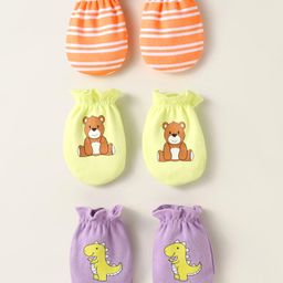 Babyhug Interlock Mittens With Animal Print Pack of 3 - Orange Green & Purple-image-47