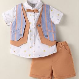 ToffyHouse Cotton Woven Half Sleeves Checks 3 Piece Party Suit With Bow & Stripes - Tan-picture-1