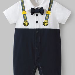 Mark & Mia Cotton Half Sleeves Romper with Bow Applique & Text Print - White Navy Blue-image-18