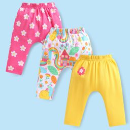 Babyhug Cotton Knit Full Length Diaper Leggings with Floral Print Pack of 3 - Yellow White & Pink-image-86