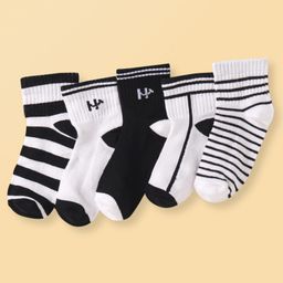 Honeyhap Premium Cotton Knit Bamboo Spandex Ankle Length Bio Finish Socks with Stripes Pack of 5 - Black & White-image-93
