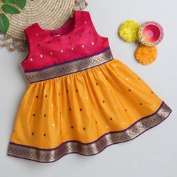 Many frocks & Sleeveless Square Foil Printed Ethnic Dress - Yellow & Pink-image-83