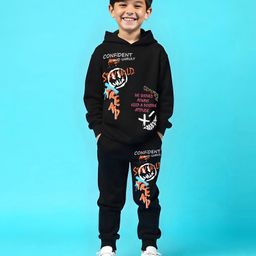 Trampoline Cotton Blend Full Sleeves Typography Printed Hooded Tee With Track Pants Set - Black-image-86