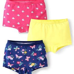 Babyhug Cotton Lycra Knit Hipsters with Butterfly Print Pack of 3 - Pink Yellow & Blue-image-100