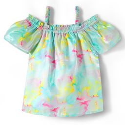 Kookie Kids Cotton Rayon Woven Cold Shoulder Sleeves Party Top With Marble Print - Multicolor-image-95