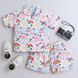 The Magic Wand Cotton Woven Half Sleeves Doodle Art Printed Coordinating Night Suit Set - White-image-17