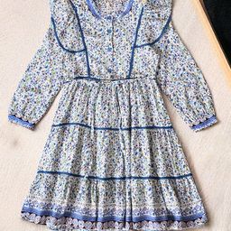 Bella Moda Cotton Full Puffed Sleeves Floral Printed Lace Embellished Dress - Blue-image-91