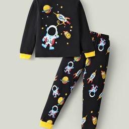 Unicorns Cotton Woven Full Sleeves Space theme Printed Coordinating Night Suit Set - Black-image-43
