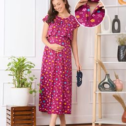Bella Mama Cotton Knit Half Sleeves Concealed Zipper Floral Print Nighty - Dark Pink-image-8