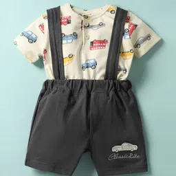 Little Darlings Single Jersey Knit Half Sleeves Henley Neck T-Shirt & Shorts Set With Car Print & Attached Suspender - Cream-picture-4