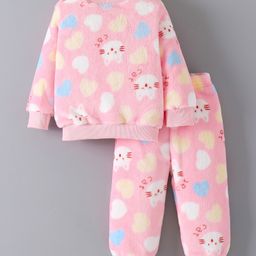 Mark & Mia Full Sleeves Winter Wear Night Suit With Cat & Hearts Print - Pink-image-3