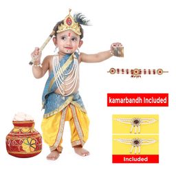 RAJ FANCY DRESSES Woven Sleeveless Gota Lace Embellished & Ethnic Foil Printed Lord Krishna Theme Costume Set - Yellow & Ferozi Blue-image-72